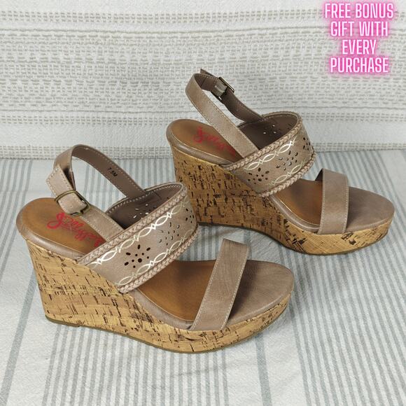Jellypop Tan Gray Cork Wedge Sandals Size 7.5 NEW - Picture 1 of 10